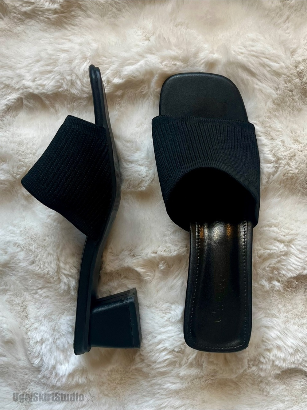 Cuccoo Black Ribbed Knit Square Toe Block Heels Size 39 Minimalist 90s Chic
